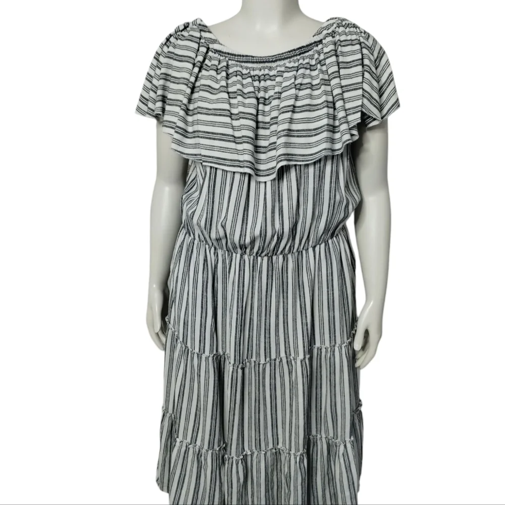 Ashley Womens Linen Euro Summer Beachy Coastal Off Shoulder Striped Tiered Dress